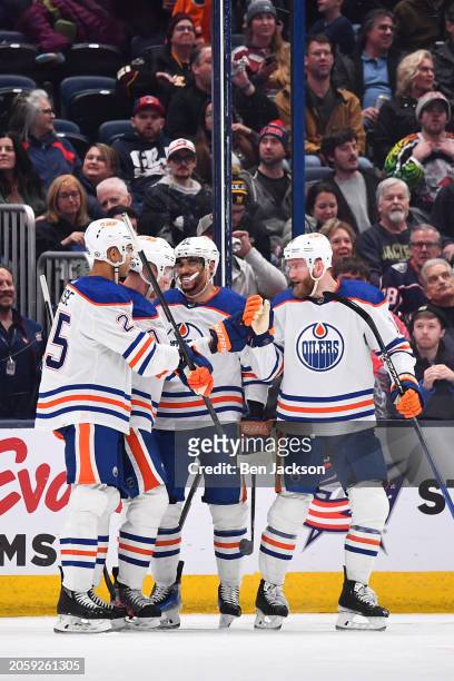 The Edmonton Oilers celebrate a third period goal during a game against the Columbus Blue Jackets at Nationwide Arena on March 7, 2024 in Columbus,...