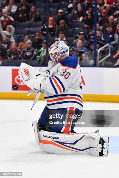 Goaltender Calvin Pickard of the Edmonton Oilers blocks a shot during the third period of a game against the Columbus Blue Jackets at Nationwide...