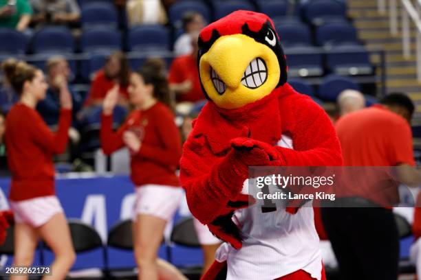 The mascot of the Louisville Cardinals performs during the game against the Boston College Eagles in the Second Round of the ACC Women's Basketball...