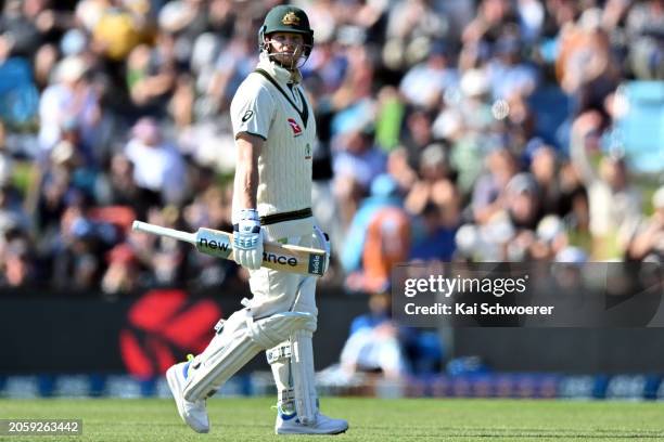 Steve Smith of Australia looks dejected after being dismissed by Ben Sears of New Zealand during day one of the Second Test in the series between New...