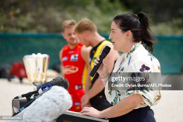 Laura Kane, AFL Executive General Manager of Football speaks to the media during a 2024 AFL Opening Round Media Opportunity at Kurrawa Beach on March...