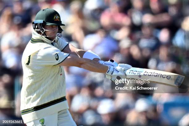 Steve Smith of Australia bats during day one of the Second Test in the series between New Zealand and Australia at Hagley Oval on March 8, 2024 in...