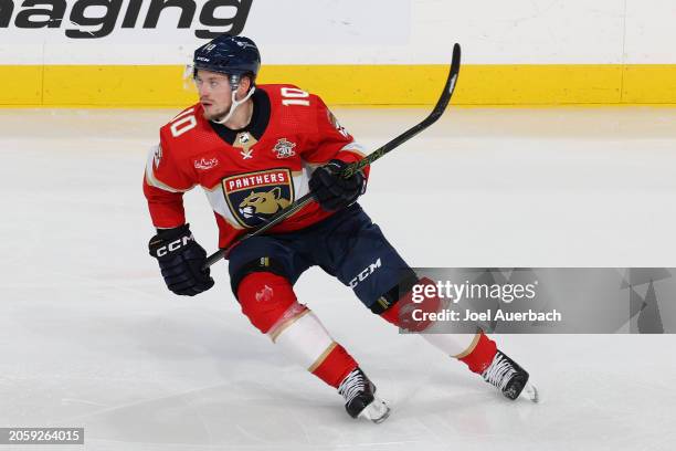 Vladimir Tarasenko of the Florida Panthers skates up ice against the Philadelphia Flyers during third period action at the Amerant Bank Arena on...
