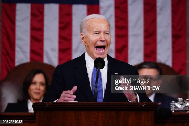 President Joe Biden delivers the State of the Union address in the House Chamber of the US Capitol in Washington, DC, on March 7, 2024.