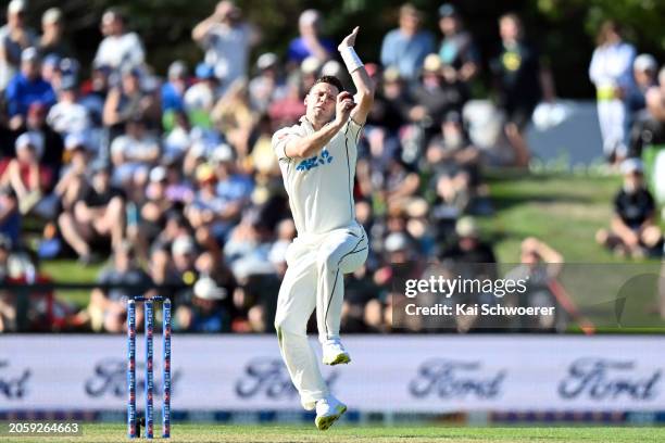 Matt Henry of New Zealand bowls during day one of the Second Test in the series between New Zealand and Australia at Hagley Oval on March 8, 2024 in...