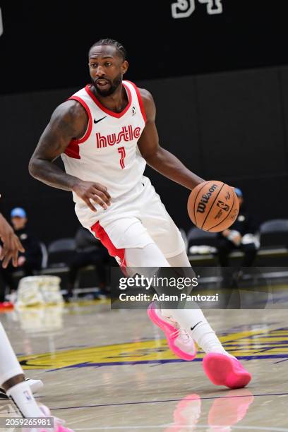 Davon Reed of the Memphis Hustle handles the ball during the game against the South Bay Lakers on March 7, 2024 at UCLA Health Training Center in El...