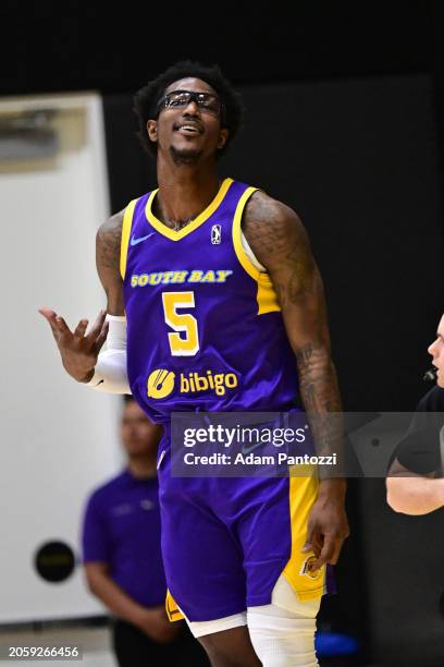 Joirdon Nicholas of the South Bay Lakers reacts during the game against the Memphis Hustle on March 7, 2024 at UCLA Health Training Center in El...