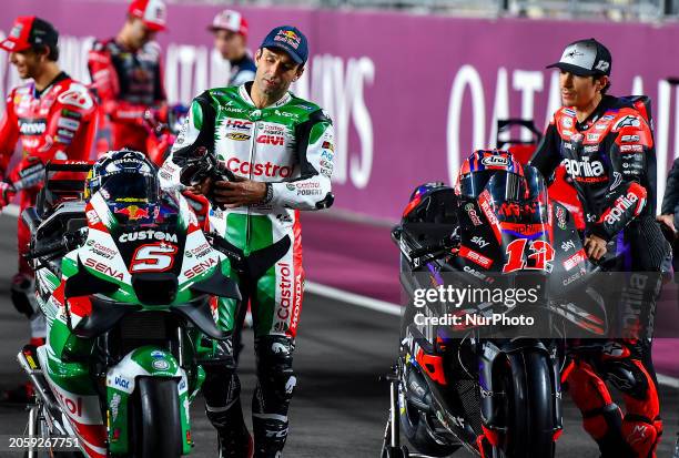French MotoGP rider Johann Zarco of LCR Honda and Spanish MotoGP rider Maverick Vinales of Aprilia Racing are participating in a photo session ahead...