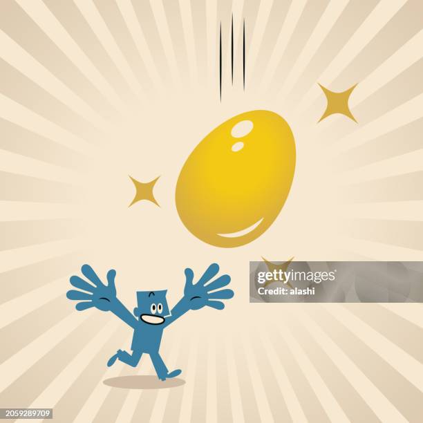 a blue man runs excitedly to catch the falling golden eggs, "opportunity and effort", "risk and reward" - baby creativity ideas stock illustrations