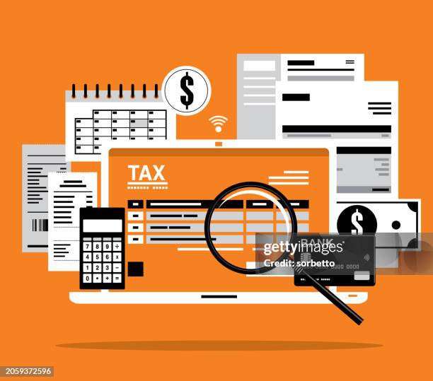 ilustraciones, imágenes clip art, dibujos animados e iconos de stock de pago de facturas fiscales en línea - informe de cuenta