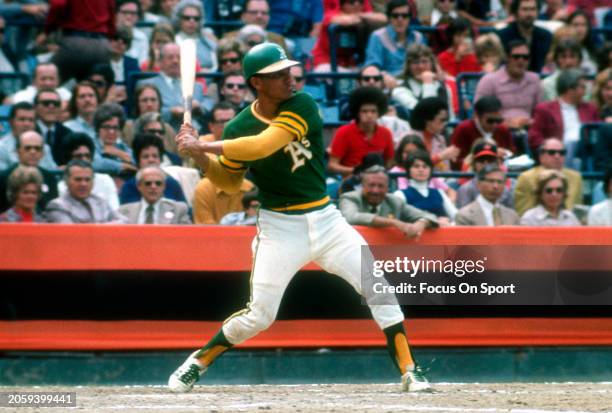 Bert Campaneris of the Oakland Athletics bats against the Baltimore Orioles during an Major League Baseball game circa 1973 at Memorial Stadium in...