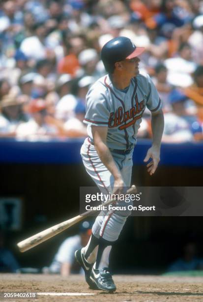 Bruce Benedict of the Atlanta Braves bats against the New York Mets during Major League Baseball game circa 1985 at Shea Stadium in the Queens...