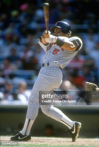 Pedro Munoz of the Minnesota Twins bats against the New York Yankees during an Major League Baseball game circa 1995 at Yankee Stadium in the Bronx...