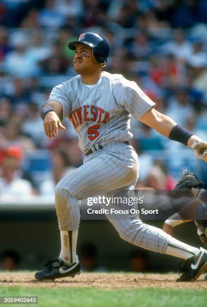 Pedro Munoz of the Minnesota Twins bats against the New York Yankees during an Major League Baseball game circa 1995 at Yankee Stadium in the Bronx...