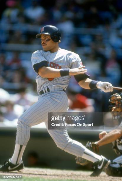 Pedro Munoz of the Minnesota Twins bats against the New York Yankees during an Major League Baseball game circa 1995 at Yankee Stadium in the Bronx...