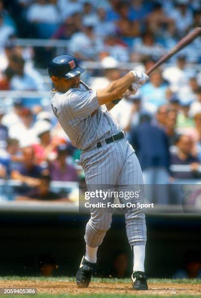 Pedro Munoz of the Minnesota Twins bats against the New York Yankees during an Major League Baseball game circa 1992 at Yankee Stadium in the Bronx...