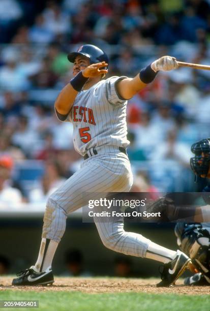 Pedro Munoz of the Minnesota Twins bats against the New York Yankees during an Major League Baseball game circa 1995 at Yankee Stadium in the Bronx...