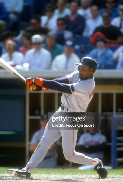 Herm Winningham of the Boston Red Sox bats against the Chicago White Sox during an Major League Baseball game circa 1992 at Comiskey Park in Chicago,...