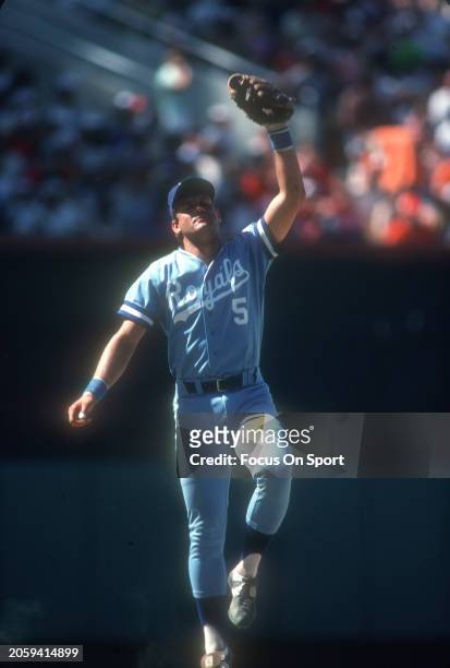 George Brett of the Kansas City Royals in action against the Baltimore Oriole during an Major League Baseball game circa 1980 at Memorial Stadium in...