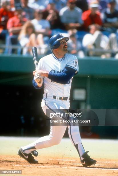 Kirk Gibson of the Kansas City Royals bats during a Major League Baseball game circa 1991 at Royals Stadium in Kansas City, Missouri. Gibson played...