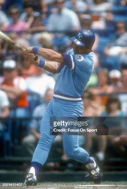 George Brett of the Kansas City Royals bats against the Baltimore Oriole during an Major League Baseball game circa 1980 at Memorial Stadium in...