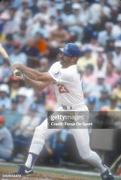 Kirk Gibson of the Los Angeles Dodgers bats during a Major League Baseball spring training game circa 1988 at Holman Stadium in Vero Beach, Florida....