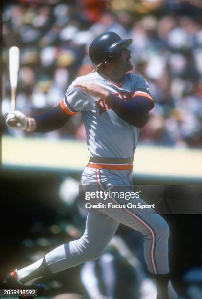 Kirk Gibson of the Detroit Tigers bats against the Oakland Athletics during a Major League Baseball game circa 1985 at the Oakland-Alameda County...