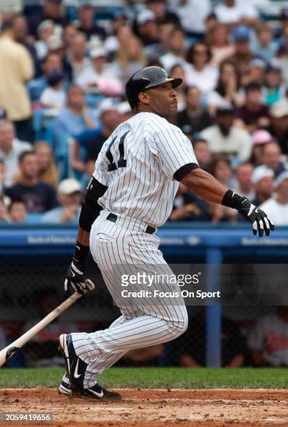 Gary Sheffield of the New York Yankees bats against the Baltimore Orioles during Major League Baseball game September 5, 2004 at Yankee Stadium in...