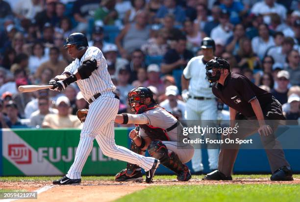 Gary Sheffield of the New York Yankees bats against the Baltimore Orioles during Major League Baseball game September 4, 2004 at Yankee Stadium in...
