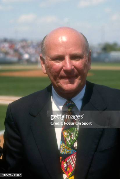 Wayne Huizenga owner of the Miami Marlins sits and looks on prior to the start of a spring training baseball game circa 1993 at Roger Dean Stadium in...