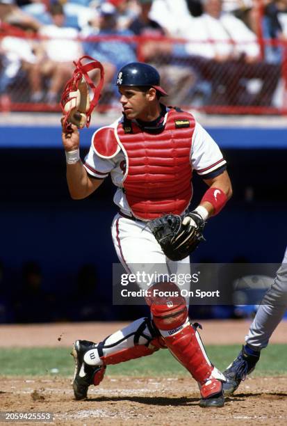 Javy López of the Atlanta Braves in action against the Montreal Expos during an Major League Baseball spring training game circa 1996 at Municipal...