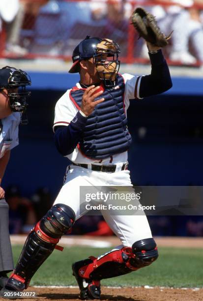 Javy López of the Atlanta Braves in action against the Montreal Expos during an Major League Baseball spring training game circa 1996 at Municipal...