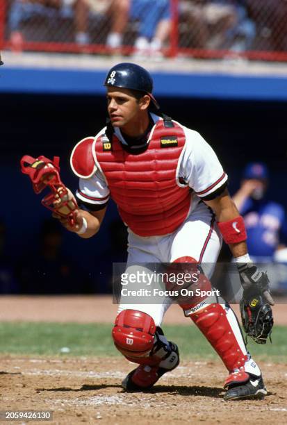 Javy López of the Atlanta Braves in action against the Montreal Expos during an Major League Baseball spring training game circa 1996 at Municipal...