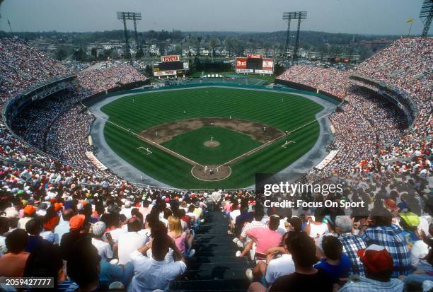 Detailed overview of Memorial Stadium during a Baltimore Orioles Major League Baseball game circa 1978 in Baltimore, Maryland.