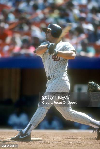 Randy Ready of the San Diego Padres bats against the New York Mets during a Major League Baseball game circa 1988 at Shea Stadium in the Queens...