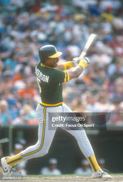 Steve Henderson of the Oakland Athletics bats against the Baltimore Orioles during a Major League Baseball game circa 1986 at Memorial Stadium in...