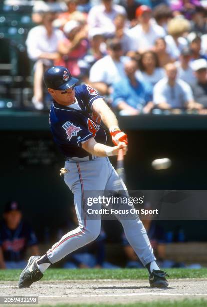 Matt Williams of the Cleveland Indians bats against the Baltimore Orioles during a Major League Baseball game circa 1997 at Oriole Park at Camden...