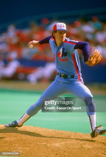 Tim Burke of the Montreal Expos pitches against the Philadelphia Phillies during a Major League Baseball game circa 1985 at Veterans Stadium in...