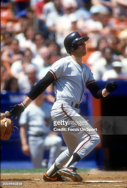 Will Clark of the San Francisco Giants bats against the New York Mets during a Major League Baseball game circa 1987 at Shea Stadium in the Queens...