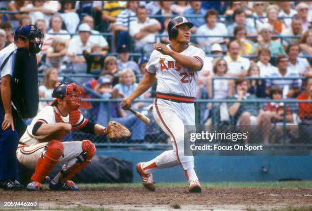 Tony Solaita of the California Angels bats against the Baltimore Orioles during a Major League Baseball game circa 1976 at Memorial Stadium in...