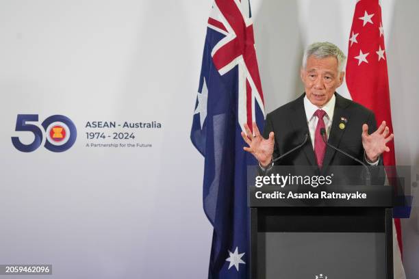 Singapore Prime Minister Lee Hsien Loong speaks at a news conference during the ASEAN-Australia Special Summit on March 05, 2024 in Melbourne,...