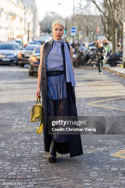 Guest wears blue white striped dress, black sleeveless coat, transparent belted skirt outside Sacai during the Womenswear Fall/Winter 2024/2025 as...