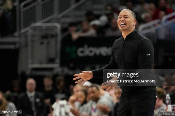 Head coach Tyronn Lue of the Los Angeles Clippers reacts during the first half against the Milwaukee Bucks at Fiserv Forum on March 04, 2024 in...