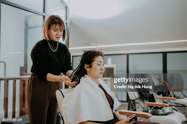 asian chinese hairstylist doing her customer hair happily - hair treatment stock pictures, royalty-free photos & images