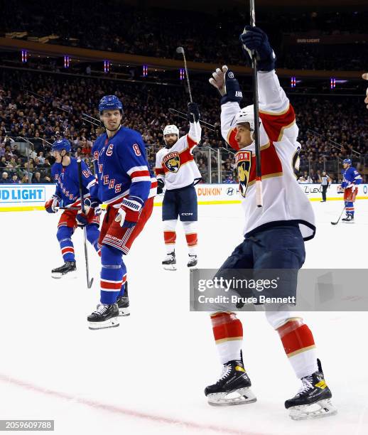 Ryan Lomberg of the Florida Panthers scores the game winning goal against the New York Rangers at 6:11 of the third period at Madison Square Garden...