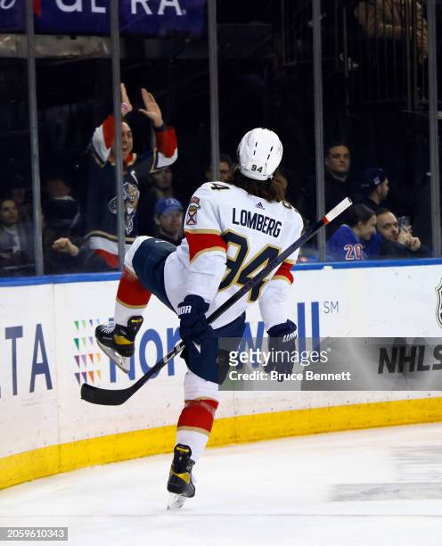 Ryan Lomberg of the Florida Panthers celebrates his game winning goal against the New York Rangers at 6:11 of the third period at Madison Square...