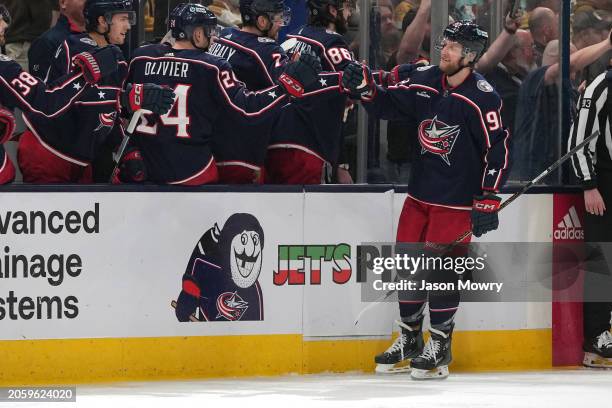 Alexander Nylander of the Columbus Blue Jackets celebrates a goal in the third period against the Vegas Golden Knights at Nationwide Arena on March...