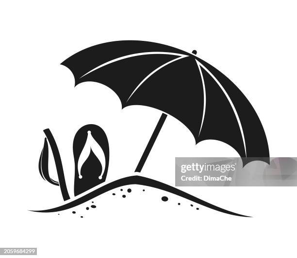 beach umbrella and flip flops in sand - cut out vector icon silhouette - parasol stock illustrations