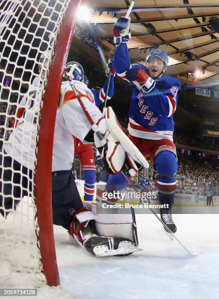 Jimmy Vesey of the New York Rangers celebrates a first period goal by Will Cuylle against Sergei Bobrovsky of the Florida Panthers at Madison Square...