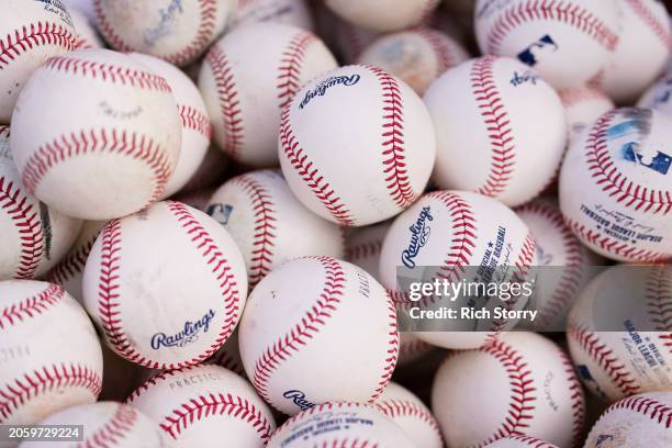 Detailed view of practice baseballs prior to a spring training game between the New York Yankees and the Miami Marlins at Roger Dean Stadium on March...